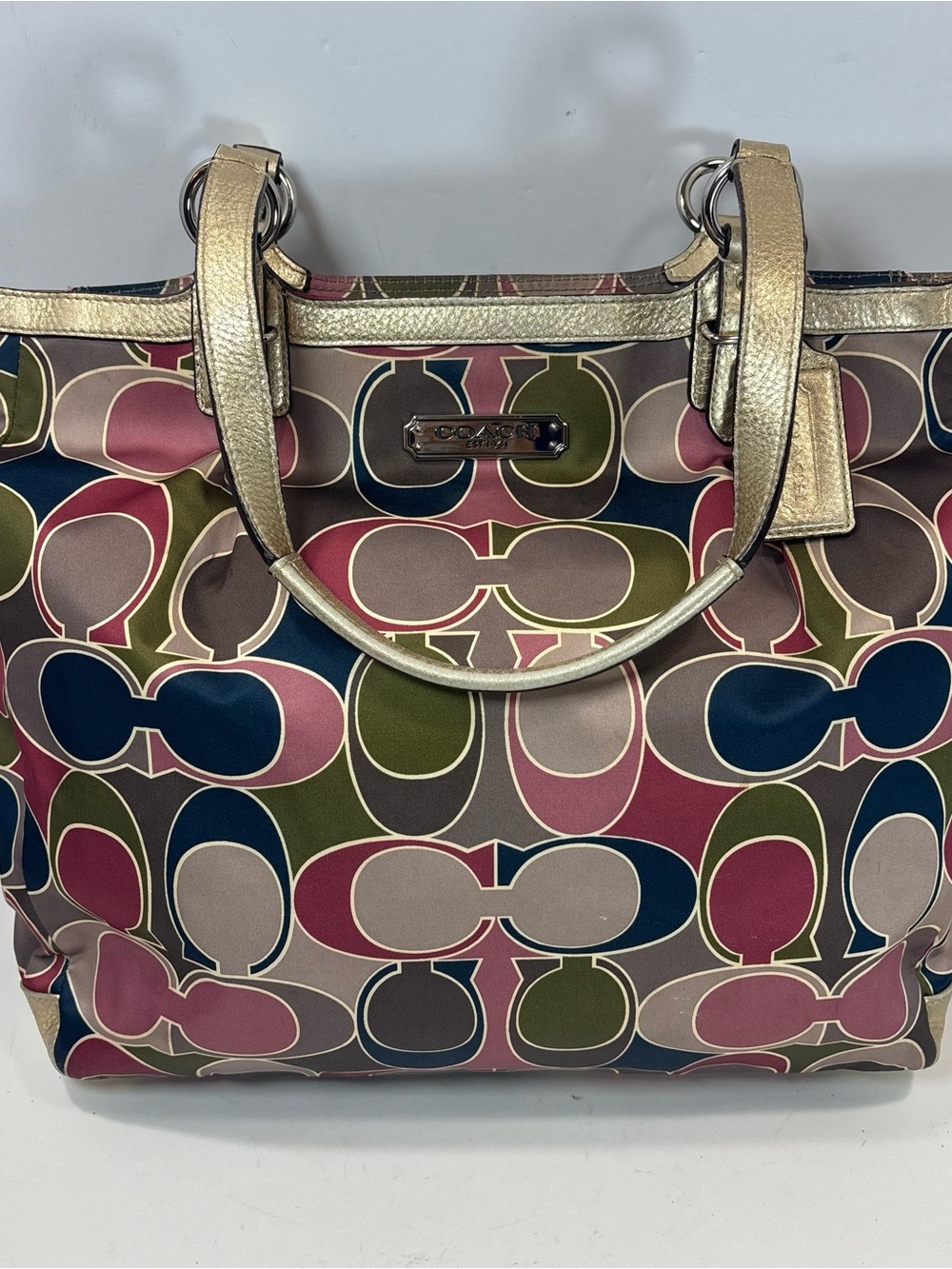 Coach Signature Scarf Sateen Gold Trim Satin Handbag Tote F19464 Preppy Designer